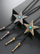 abordables Cravates et nœuds papillon pour hommes-Cravate bolo western star pour homme avec centre turquoise, métal bronze antique ou argent, cordon en cuir tressé réglable, cravate vintage cowboy rodéo pour concerts country, mariages et usage quotidien