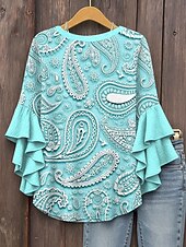 billige Kvinne Boho Topper-Dame Bluse Grafisk Paisly Daglig Stilfull Fritid 3/4 ermer V-hals Vanlige topper Daglig Ferie Ferieklær Trykt mønster Blå Lilla Grønn Kakifarget Sommer Vår