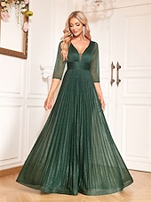 economico VERDE-Linea ad A Abiti da Quinceanera Elegante Vestito Formale Matrimonio Lunghezza al pavimento Manica Lunga Scollo a V Chiffon con Pieghe 2025