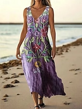 abordables Vestidos Florales Impresos-Mujer vestido largo vestido largo Vestido informal Vestido de Tanque Vestido de verano africano Diario Festivos Playa Ajuste regular Floral Sin Mangas Escote en Pico Blanco Morado Verde Trébol