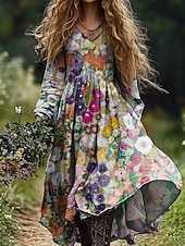 economico Abiti da vacanza-Per donna Abito maxi Abito a trapezio Vacanza Casual Boho Uscire Spiaggia Vestibilità comoda Floreale Grafico Geometrico Manica Lunga Scollo a V Rosa Blu Arancione Verde Primavera Autunno