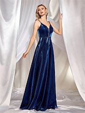 economico BLU-Abiti A-Line Quinceanera Elegante Abito Formale Matrimonio Lunghezza Rasa Pavimento Senza Maniche Spaghetti Strap Seta Con Pieghe