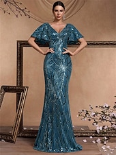 cheap BLUE-Mermaid / Trumpet Quinceanera Dresses Elegant Dress Formal Wedding Floor Length Short Sleeve V Neck Polyester V Back with Sequin 2025