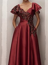 cheap Evening Dresses-Rust A-Line Evening Gown Elegant Dress Formal Wedding Floor Length Ruffle Short Sleeve Satin with Beaded Lace Applique and Pockets 2025