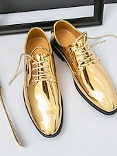 Χαμηλού Κόστους Derby παπούτσια-Πολυτελή χρυσά γαμήλια παπούτσια για τον γαμπρό – λαμπερά δερμάτινα επίσημα παπούτσια για άνδρες