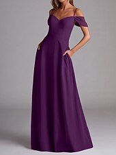 baratos Vestidos para Madrinhas-Vestido de Madrinha A-Line Alça Fina Manga Curta Elegante Comprimento Total Chiffon com Cor Sólida 2025