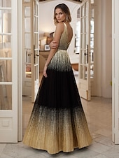 levne černý-Černé a zlaté A-line večerní šaty elegantní šaty formální svatba celo délky bez rukávů V výstřih konvertibilní šifón s nařasením
