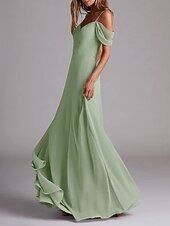 baratos Vestidos para Madrinhas-Vestido de Madrinha A-Line Alça Fina Manga Curta Elegante Comprimento Total Chiffon com Cor Sólida 2025