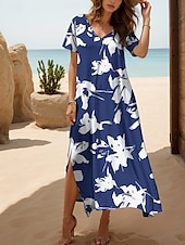 abordables Robes fleuries-Femmes Robe maxi Robe Décontractée Robe d&#039;Été Robe trapèze Vacances Occasionnel Plage Coupe régulière Fleuri Graphique Manche Courte Col en V Noir Blanche Rouge Bleu Été Printemps