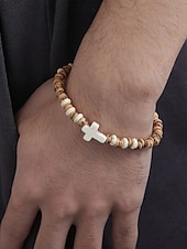 olcso Férfi ékszerek-Férfi természetes fa gyöngyös karkötő türkiz kereszttel – kézzel készített bohém rugalmas csuklópánt hétköznapi viseletre, nyári szettekhez és strandhangulathoz