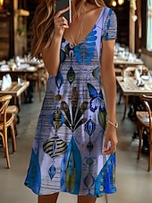 ieftine Rochii boho-Pentru femei Rochie Mini Rochii Tricou Rochie de Vară Rochie de vară Vacanță Casual Boho Zilnic Concediu Ieșire Fit regulat Grafic Geometric Fluture Manșon scurt În V Galben Roșu-aprins Albastru