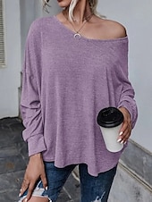 abordables Hauts Unis pour Femmes-Femmes Chemisier Uni Occasionnel manche longue Col en V Hauts Réguliers Quotidien Fête Sortir Ourlet asymétrique Bleu Poudré Violet Bleu clair Été