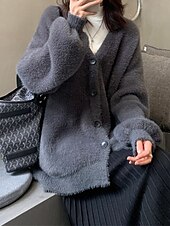 abordables Cardigans et vêtements d&#039;extérieur-Femmes Pull Cardigan Mode Couleur Unie Côtelé Col en V Tricoté manche longue Hauts Réguliers Tricoter Fête Sortir Week-end Noir Gris foncé Hiver