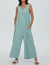 olcso alkalmi kombiné-Női Szabályos Jumpsuitek Utcai sikk Tömör szín Ujjatlan U-alakú Gombok Zseb Utca Napi Normál Fekete Sötétkék Medence Nyár