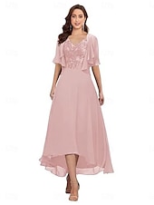abordables Ensembles de robes pour maman-Ligne A Robe de Mère de Mariée  Élégant Simple Col en V Asymétrique Polyester Demi Manches avec Couleur Unie 2025
