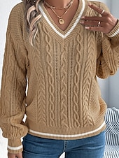 preiswerte Einfarbige Farben-Damen Pullover Lässig Farbblock Gerippt V Ausschnitt Patchwork Gestrickt Langarm Normale Oberteile Stricken Täglich Ferien Ausgehen Weiß Blau Herbst
