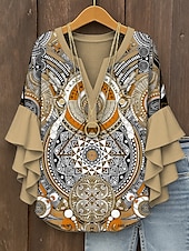 levne Dámské boho topy-Dámské Halenka Grafika Geometrický Elegantní Čechy Geleneksel 3/4 délka rukávu Do V Běžné topy Denní Dovolená Oblečení na dovolenou Volány Tisk Žlutá Světlá růžová Vodní modrá Fialová Trávová zelená