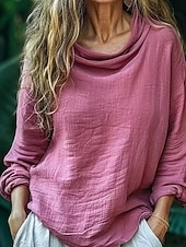billige Kvinne Enkle Topper-Dame Bluse Helfarge Daglig Fritid Langermet Cowl-hals Vanlige topper Daglig Drapering Svart Rosa Blå Fuksia Grå Sommer Vår