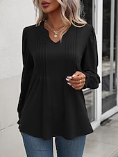 abordables Hauts Unis pour Femmes-Femmes Chemisier Couleur Unie Élégant Occasionnel manche longue Col en V Hauts Réguliers Quotidien Froncé Noir Rose Claire Fuchsia Vert Été Printemps
