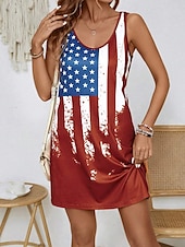 preiswerte Unabhängigkeitstag Kleid-Feminines Patriotisches Minikleid A-Linien Kleid Sommer Kleid Schulterfrei Kleid Urlaub Lässig Täglich Normale Passform Grafik Flagge Ärmellos U-Ausschnitt Rot Sommer
