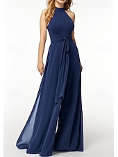 abordables Robes de demoiselle d&#039;honneur-Jumpsuits Robes invitée de mariage Robe élégante invitée de mariage engagement longueur de sol sans manches col halter chiffon avec poche bretelles