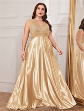 cheap BLACK-A-Line Plus Size Dresses Elegant Curve Dress Formal Wedding Floor Length Sleeveless V Neck Satin V Back with Pleats