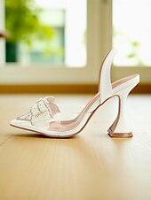 economico tacchi kitten-Scarpe con tacco a spillo bianche da donna con cinturino posteriore e fiocco di perle - décolleté trasparenti con punta affilata per un appuntamento romantico o per eleganti outfit quotidiani