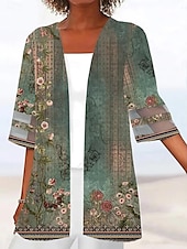 abordables vestes décontractées-Femmes Veste Décontractée Respirant Confortable Patchwork Imprimé Occasionnel Fleuri Vacances Rue Tenue quotidienne Sortir Ouvert devant Régulier Sans Col Coupe régulière Manche 3/4 Vêtements