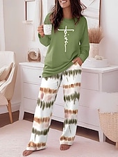 abordables Ensembles chemisiers pour femmes-Femmes Mode T-shirt Ensembles de Pantalons manche longue Col rond Graphique Rayé Lettre Imprimé Décontracté Quotidien Vert Printemps Coupe régulière