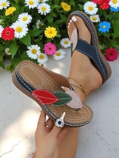 billige Komfortsandaler-Kilesandaler med fargeblokkmønster i bladdesign til dame – myke slip-on-flip-flops for hage, brunsj og sommerturer