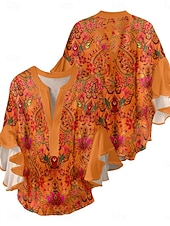 abordables Tops Boho-Mujer Blusa Volante Estampado Floral Elegante Moderno Manga 3/4 Escote en Pico Tops regulares Diario Festivos Azul Piscina Rosa Naranja Verde Trébol Verano