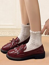 economico Slip-ons e mocassini da donna-Loafers in pelle verniciata bordeaux per donna con nappa e fiocco scarpe flat vintage per uscite casual e uso quotidiano