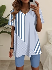 abordables Ensembles courts pour femmes-Femmes Mode T-shirt Ensembles de Shorts Manche Courte Col en V Graphique Rayé Imprimé Décontracté Quotidien Bleu Violet Vert Été Coupe Ample
