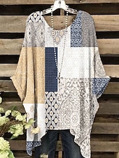 preiswerte Damen Streifen- und geometrische Oberteile-Damen Boho-Hemd Blumen Grafik Geometrisch Elegant Bohemien Aktiv Kurzarm Fledermaus Ärmel Rundhalsausschnitt Normale Oberteile Täglich Ferien Strandbekleidung Druck Weiß Gelb Rote Blau Purpur Sommer