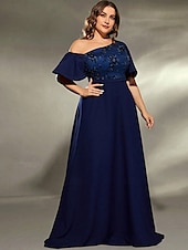 baratos AZUL-Vestido de Gala Linha A Vestido Elegante Casamento Formal Comprimento do Chão Manga Curta Um Ombro Cetim com Pregas