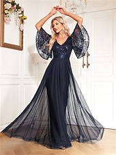 economico BLU-Abiti A-Line Quinceanera Abito Elegante Cerimonia Matrimonio Lunghezza Completa Maniche Corte V Collo Poliestere con Pieghe