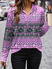 billige Boho t-skjorte-Dame T skjorte Grafisk Geometri Årgang Stilfull Fritid Langermet V-hals Skjortekrage Vanlige topper Daglig Trykt mønster Gul Rosa Blå Lilla Kakifarget Høst Vinter