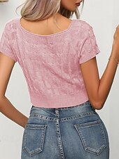 billige Kvinne Enkle Topper-Dame Genser Fritid Helfarge Tykk U-hals Strikket Kort Erme Vanlige topper Strikke Daglig Ferie Ut på byen Hvit Rosa Sommer