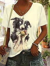 abordables T-shirt Animaux-Femmes T-shirt Graphique Animal Chien ancien Élégant Classique Manche Courte Col en V Hauts Réguliers Quotidien Sortir Week-end Imprimé Blanche Jaune Blanc Ecru Été Printemps