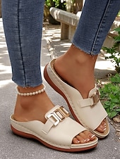cheap Slide Sandals-Women's White Faux Leather Slide Sandals with Gold Buckle Casual Style for Garden Walks Vacation and Daily Errands