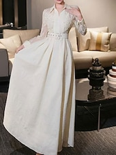 preiswerte Bodenlänge-A-Linie Brautmutter Kleid Eleganter Hemdkragen Knöchellang Polyester Langarm mit Spitze Gurt  Band