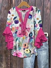 preiswerte Blumenoberteile-Damen Bluse Blumen Grafik Gestreift Elegant Bohemien Ethnisch Dreiviertelarm V Ausschnitt Normale Oberteile Täglich Ferien Urlaubskleidung Rüsche Druck Rosa Blau Staubiges Blau Grün Khaki Sommer