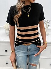 billige Grafiske mønstre og detaljer-Dame Bluse Stripet Stilfull Fritid Kortermet Crew-hals Vanlige topper Daglig Lapper Svart Hvit Brun Kakifarget Sommer
