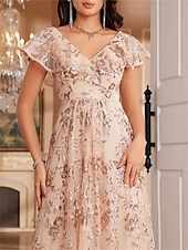 abordables Champagne-Robes de quinceanera en forme A Robe élégante Robe de mariage formelle longueur sol manches courtes col en V sequins dos en V avec sequins