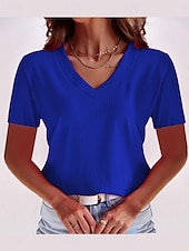 abordables T-shirt uni-Femmes T-shirt Couleur Unie Mode Élégant Classique Manche Courte Col en V Hauts Réguliers Quotidien Week-end Noir Vin Rouge Bleu Fuchsia Été