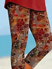 cheap Floral Print-Women's Capri Pants Leggings Vacation Vintage Ethnic Style Calf-Length High Waist Floral Graphic Leaf Soft Comfortable Breathable Stretchy Casual Daily Vacation Maroon Azure Orange red Summer Spring