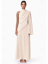 cheap Cocktail Dresses-A-Line Cocktail Dresses Elegant Formal Wedding Guest Ankle Length Sleeveless High Neck Stretch Crepe with Ruffles