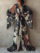 preiswerte Ausgefallene Kleider-Damen Langes Kleid Maxikleid Freizeitkleid Schwingkleid Sommerkleid Mode Modern Täglich Ferien Strand Normale Passform Blumen Langarm V Ausschnitt Schwarz Weiß Marineblau Purpur Sommer Frühling