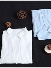 お買い得  シャツジャケット-女性用 シャケット 快適 高通気性 ボタン カジュアル 平織り バケーション ストリート カジュアル デイリーウェア シングルブレスト ロング ラペル レギュラー 長袖 アウターウェア ホワイト ブルー 春 秋