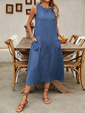 preiswerte Weißes Kleid-Damen Maxikleid A Linie Kleid Sommerkleid Lässig Täglich Normale Passform Einfach Ärmellos Rundhalsausschnitt Wein Blau Braun Grün Sommer